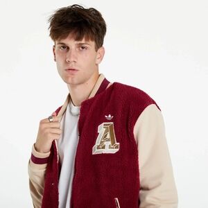 Adidas Originals Men's Teddy Fleece Varsity Jacket Burgundy Beige Letterman S